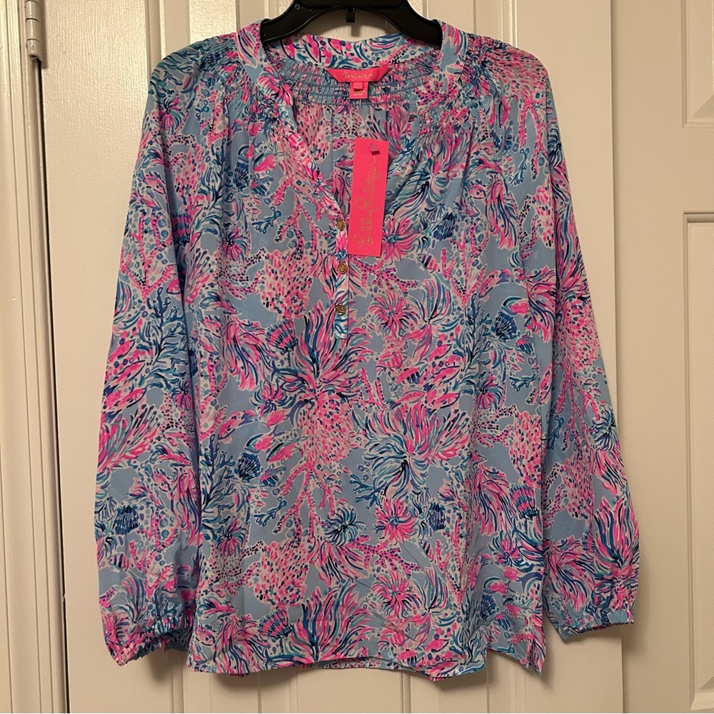 Lilly Pulitzer Elsa Silk Top Blouse Celestial Blue Seek and Sea Size XS NWT